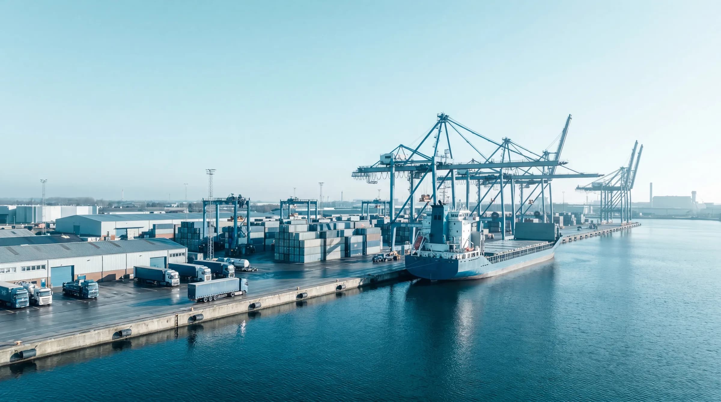 A working commercial seaport with a berthed cargo vessel, gantry cranes and waterfront supply warehouses