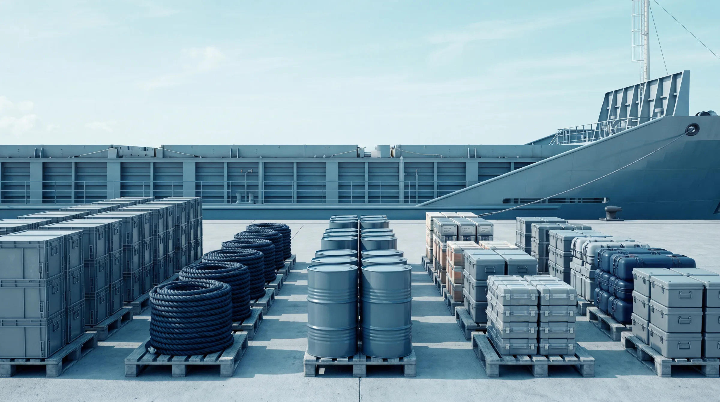 Marine spare parts, mooring ropes, lubricants and ship stores staged on a quay beside a vessel